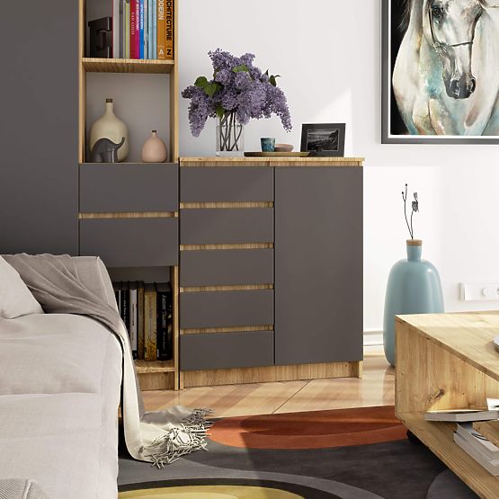 KOMODA K80 1D 5SZ PK DĄB ARTISAN / GRAFITOWY SZARY