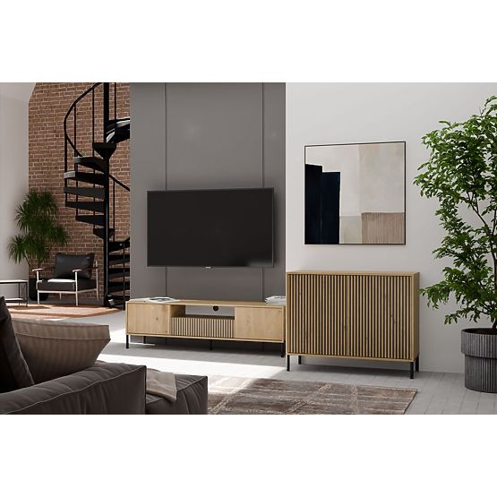 Komoda KAMARO 2D SLIM DĄB ARTISAN Żaluzjowy Front Żłobiony