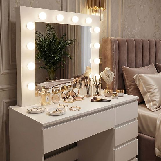 Kosmetyczna toaletka z lustrem i oświetleniem 5 szuflad taboret ModernHome