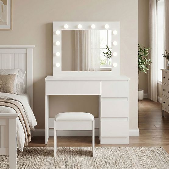 Kosmetyczna toaletka z lustrem i oświetleniem LED 4 szuflady taboret ModernHome