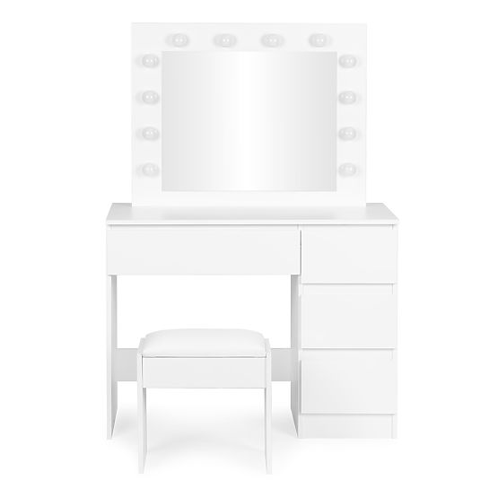 Kosmetyczna toaletka z lustrem i oświetleniem LED 4 szuflady taboret ModernHome