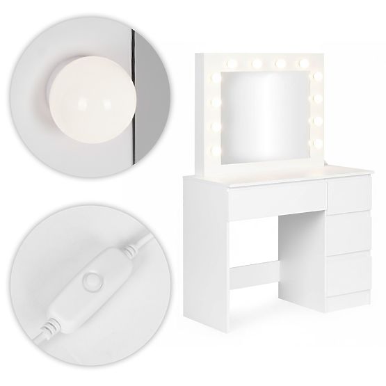 Kosmetyczna toaletka z lustrem i oświetleniem LED 4 szuflady taboret ModernHome