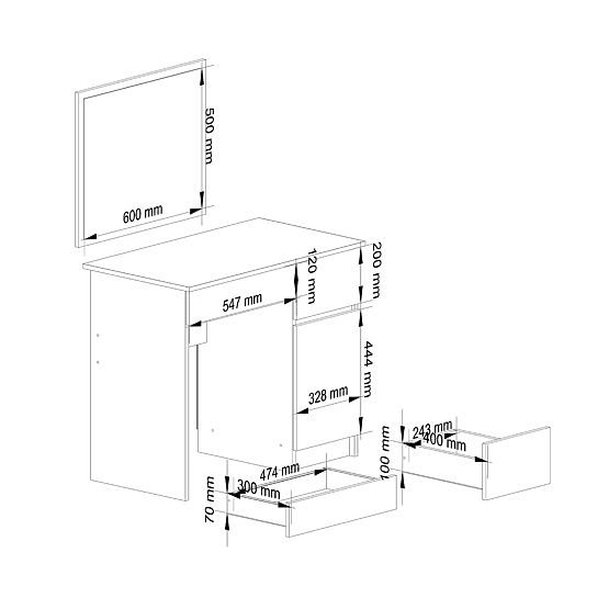 KOSMETYCZNA TOALETKA Z LUSTREM P-2/SL 500x600 PRAWA PK BIAŁA