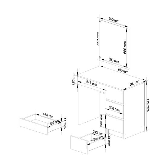 KOSMETYCZNA TOALETKA Z LUSTREM T-6/SL 500x600 PRAWY BIAŁY