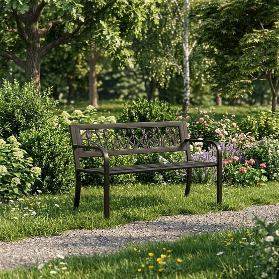 Ławka ogrodowa z dekoracyjnym oparciem 120x50 cm metalowa parkowa czarna MultiGarden
