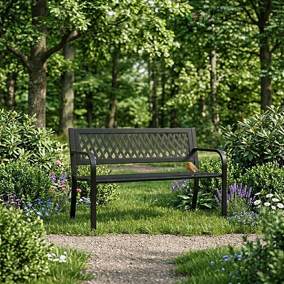 Ławka ogrodowa z kratkowym oparciem 120x50 cm metalowa parkowa czarna MultiGarden