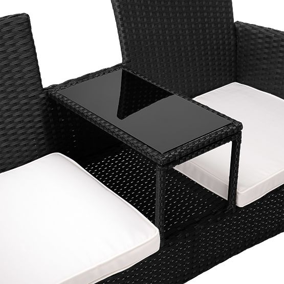 Ławka ogrodowa z technorattanu sofa CORDOBA czarna z beżowymi poduszkami