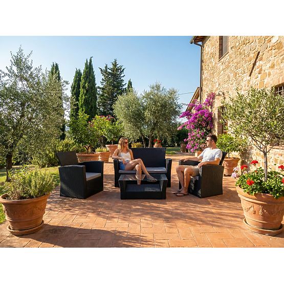 Meble ogrodowe z technoratanu (sofa 123cm, 2 x fotel + stolik) UNICO czarny