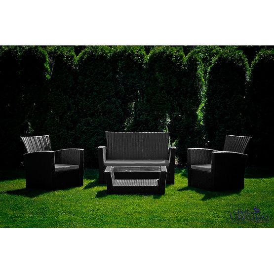 Meble ogrodowe z technoratanu (sofa 123cm, 2 x fotel + stolik) UNICO czarny
