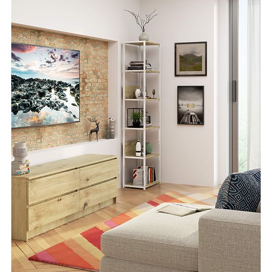 Metalowy regał loftowy 50 cm - biały-dąb artisan - 6 półek