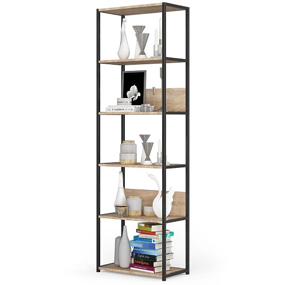 Metalowy regał loftowy 60 cm - czarny-dąb sonoma - 6 półek
