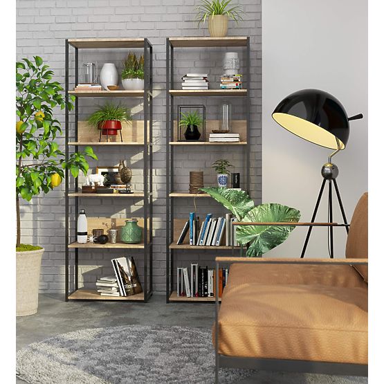Metalowy regał loftowy 60 cm - czarny-dąb sonoma - 6 półek