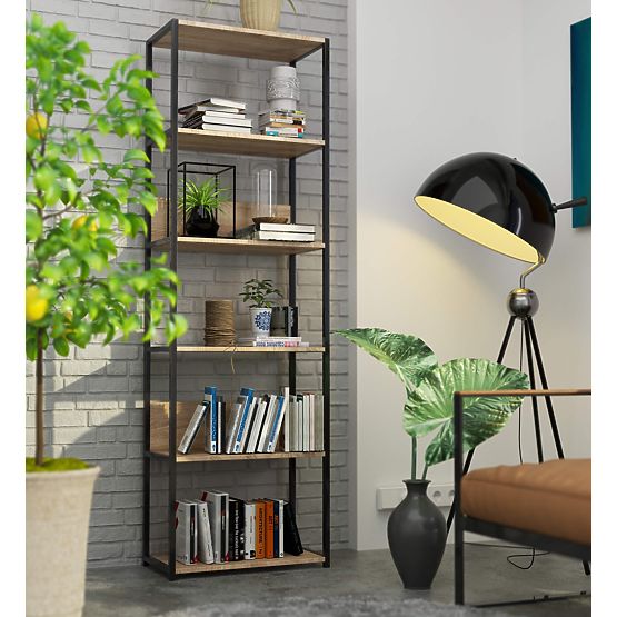 Metalowy regał loftowy 60 cm - czarny-dąb sonoma - 6 półek