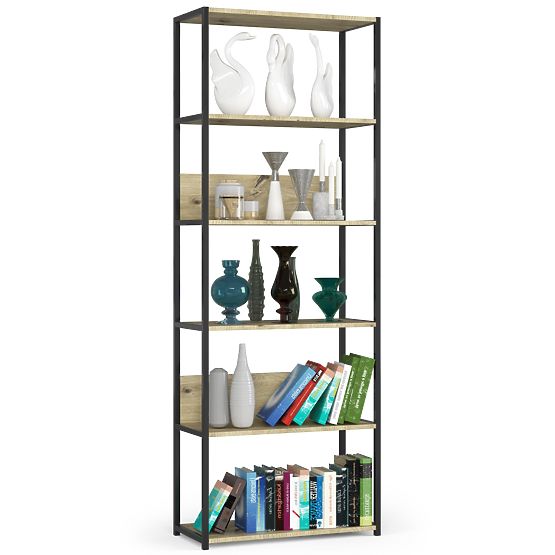 Metalowy regał loftowy 70 cm - czarny-dąb artisan - 6 półek