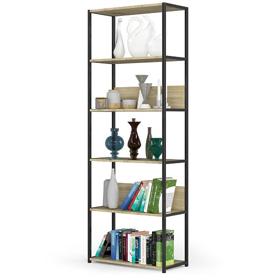 Metalowy regał loftowy 70 cm - czarny-dąb artisan - 6 półek