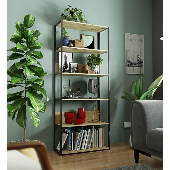 Metalowy regał loftowy 80 cm - czarny-dąb artisan - 6 półek