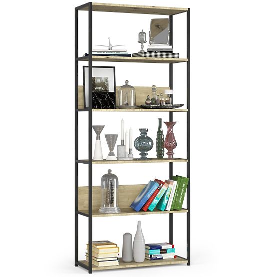 Metalowy regał loftowy 80 cm - czarny-dąb artisan - 6 półek