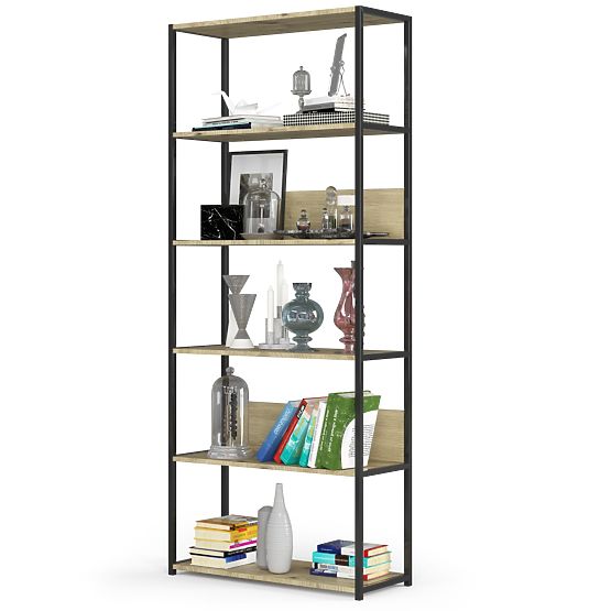 Metalowy regał loftowy 80 cm - czarny-dąb artisan - 6 półek