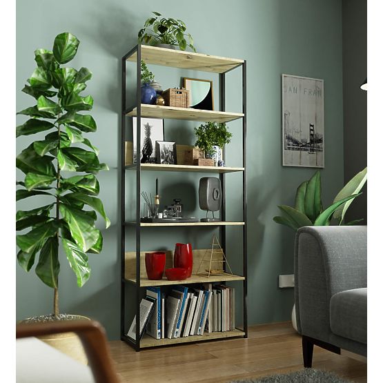 Metalowy regał loftowy 80 cm - czarny-dąb artisan - 6 półek