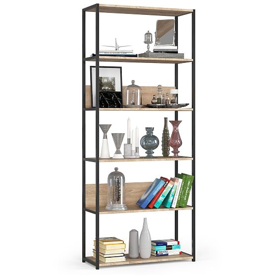 Metalowy regał loftowy 80 cm - czarny-dąb sonoma - 6 półek