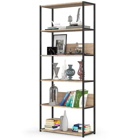 Metalowy regał loftowy 80 cm - czarny-dąb sonoma - 6 półek