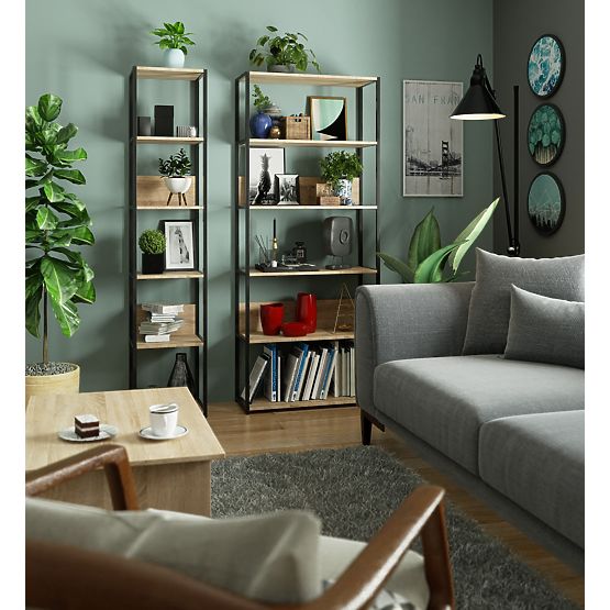 Metalowy regał loftowy 80 cm - czarny-dąb sonoma - 6 półek