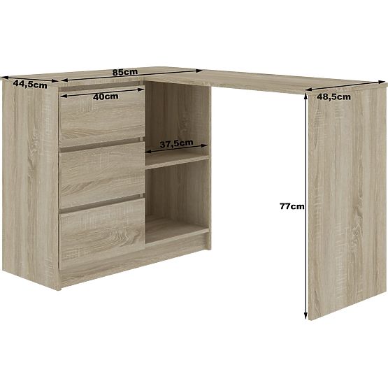 NAROŻNE BIURKO B16 124 cm LEWE 3 SZUFLADY DĄB SONOMA / BIAŁY