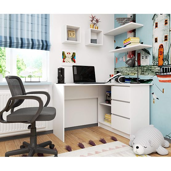 NAROŻNE BIURKO B16 124 cm PRAWE 3 SZUFLADY PK BIAŁY