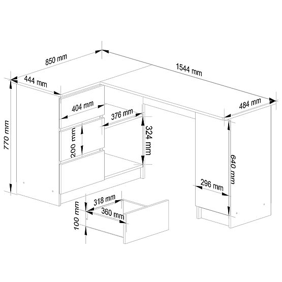 NAROŻNE BIURKO B20 155 cm LEWE PK BIAŁY POŁYSK