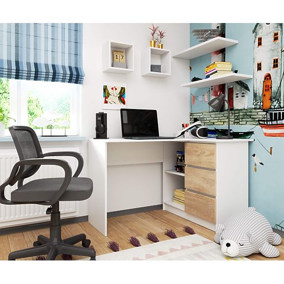 NAROŻNY STÓŁ B16 124 cm PRAWY 3 SZUFLADY PK BIAŁY / SONOMA