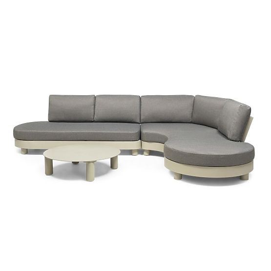 Ogrodowa narożna sofa z 2 stolikami Santa Ana, aluminiowa, beżowa, dekor marmurowy, zaokrąglone kszt