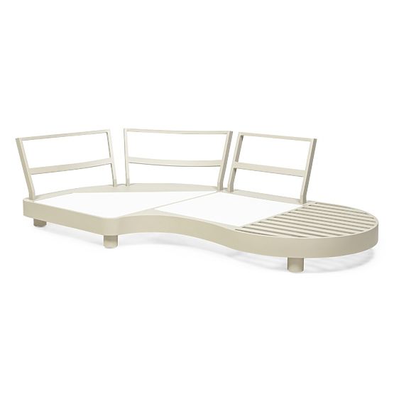 Ogrodowa narożna sofa z 2 stolikami Santa Ana, aluminiowa, beżowa, dekor marmurowy, zaokrąglone kszt