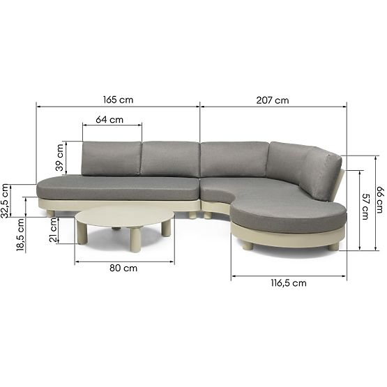 Ogrodowa narożna sofa z 2 stolikami Santa Ana, aluminiowa, beżowa, dekor marmurowy, zaokrąglone kszt