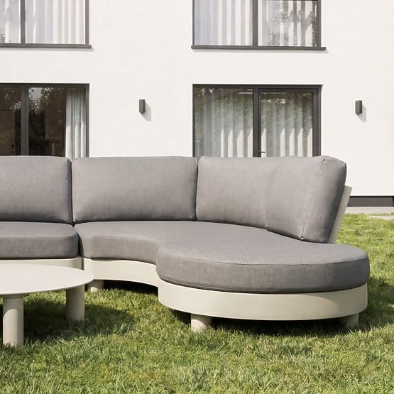 Ogrodowa narożna sofa z 2 stolikami Santa Ana, aluminiowa, beżowa, dekor marmurowy, zaokrąglone kszt
