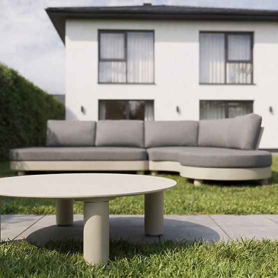 Ogrodowa narożna sofa z 2 stolikami Santa Ana, aluminiowa, beżowa, dekor marmurowy, zaokrąglone kszt