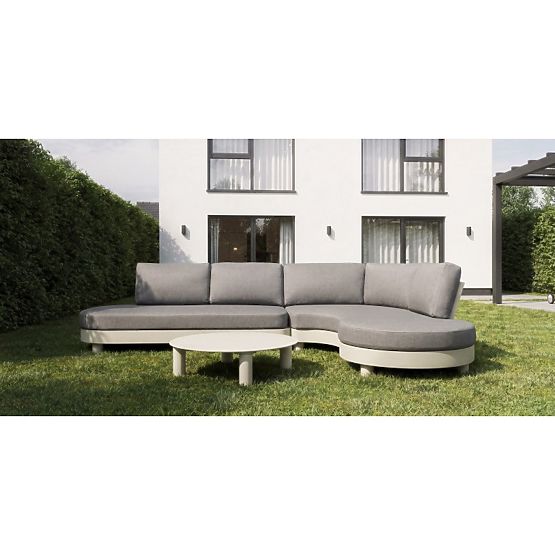 Ogrodowa narożna sofa z 2 stolikami Santa Ana, aluminiowa, beżowa, dekor marmurowy, zaokrąglone kszt