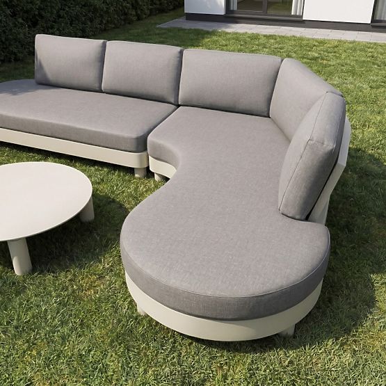 Ogrodowa narożna sofa z 2 stolikami Santa Ana, aluminiowa, beżowa, dekor marmurowy, zaokrąglone kszt