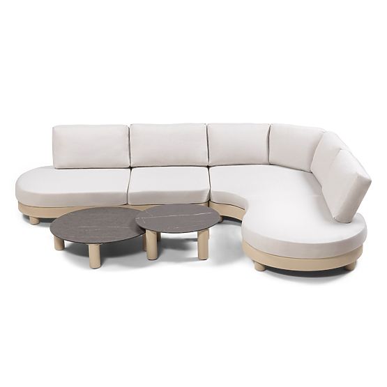 Ogrodowa narożna sofa z 2 stolikami Santa Ana, aluminiowa, beżowa, dekor marmurowy, zaokrąglone kszt