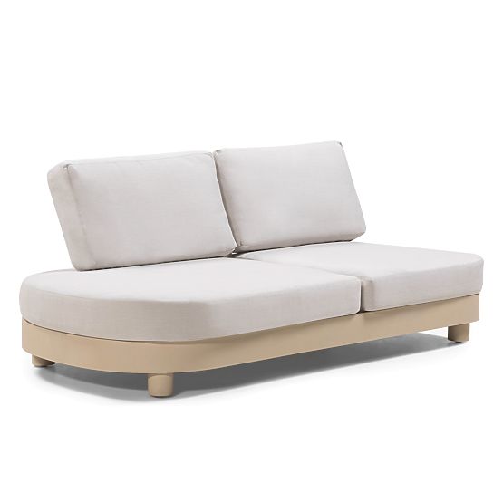 Ogrodowa narożna sofa z 2 stolikami Santa Ana, aluminiowa, beżowa, dekor marmurowy, zaokrąglone kszt