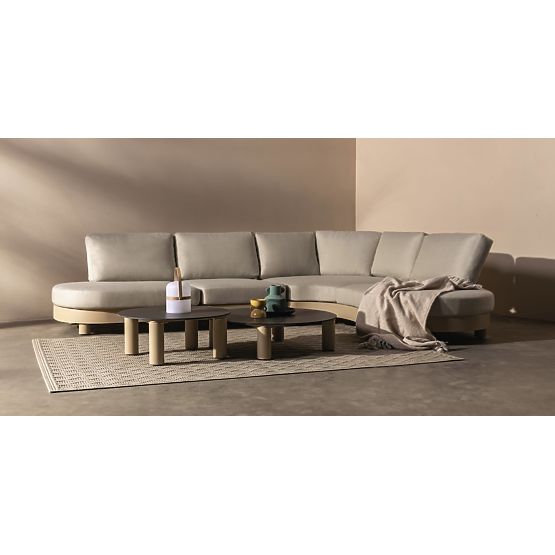 Ogrodowa narożna sofa z 2 stolikami Santa Ana, aluminiowa, beżowa, dekor marmurowy, zaokrąglone kszt