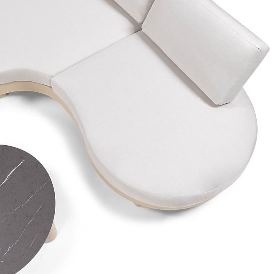 Ogrodowa narożna sofa z 2 stolikami Santa Ana, aluminiowa, beżowa, dekor marmurowy, zaokrąglone kszt