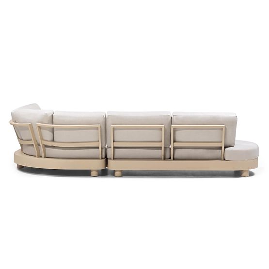 Ogrodowa narożna sofa z 2 stolikami Santa Ana, aluminiowa, beżowa, dekor marmurowy, zaokrąglone kszt
