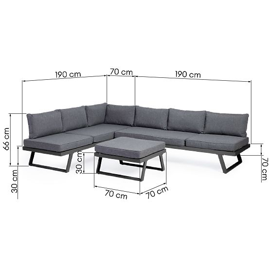 Ogrodowa narożna sofa z stolikiem Lafoole Lunge, spun-poly, ciemnoszara