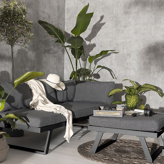 Ogrodowa narożna sofa z stolikiem Lafoole Lunge, spun-poly, ciemnoszara