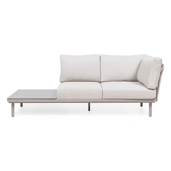 Ogrodowa narożna sofa ze stolikiem Amarello, aluminiowa, pleciona, jasnobeżowa/beżowoszara