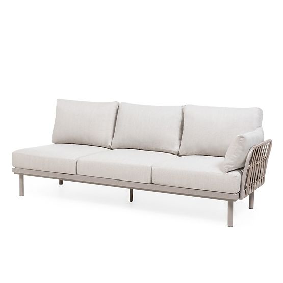 Ogrodowa narożna sofa ze stolikiem Amarello, aluminiowa, pleciona, jasnobeżowa/beżowoszara