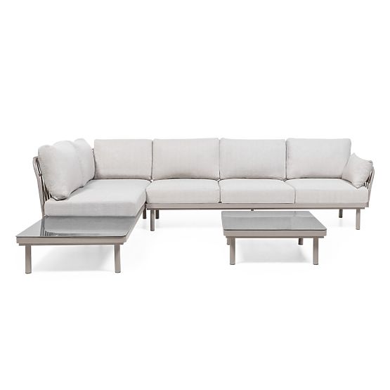 Ogrodowa narożna sofa ze stolikiem Amarello, aluminiowa, pleciona, jasnobeżowa/beżowoszara