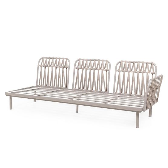 Ogrodowa narożna sofa ze stolikiem Amarello, aluminiowa, pleciona, jasnobeżowa/beżowoszara