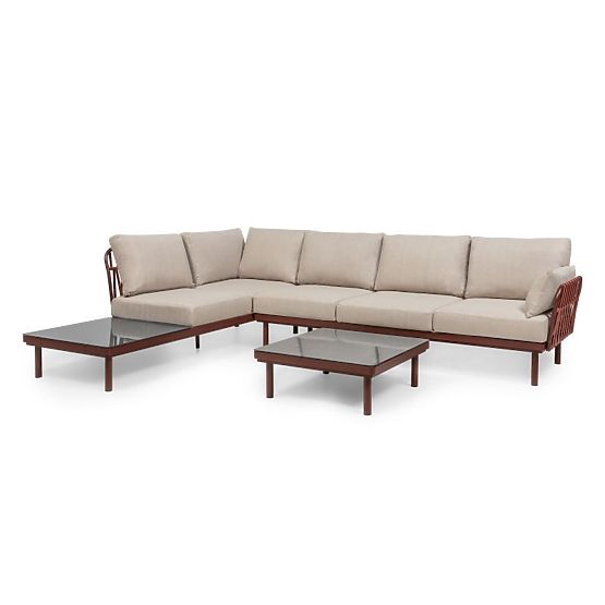 Ogrodowa narożna sofa ze stolikiem Amarello, aluminiowa, pleciona, jasnobeżowa/bordowa
