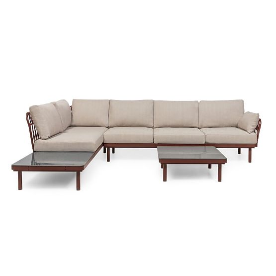 Ogrodowa narożna sofa ze stolikiem Amarello, aluminiowa, pleciona, jasnobeżowa/bordowa